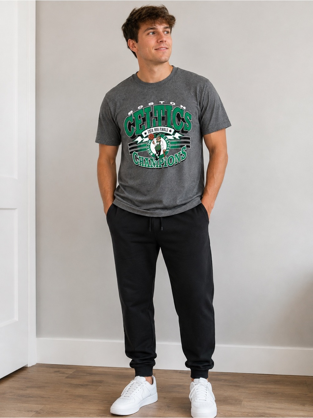 NBA Grey Tee with Green Celtics Champions Graphic
